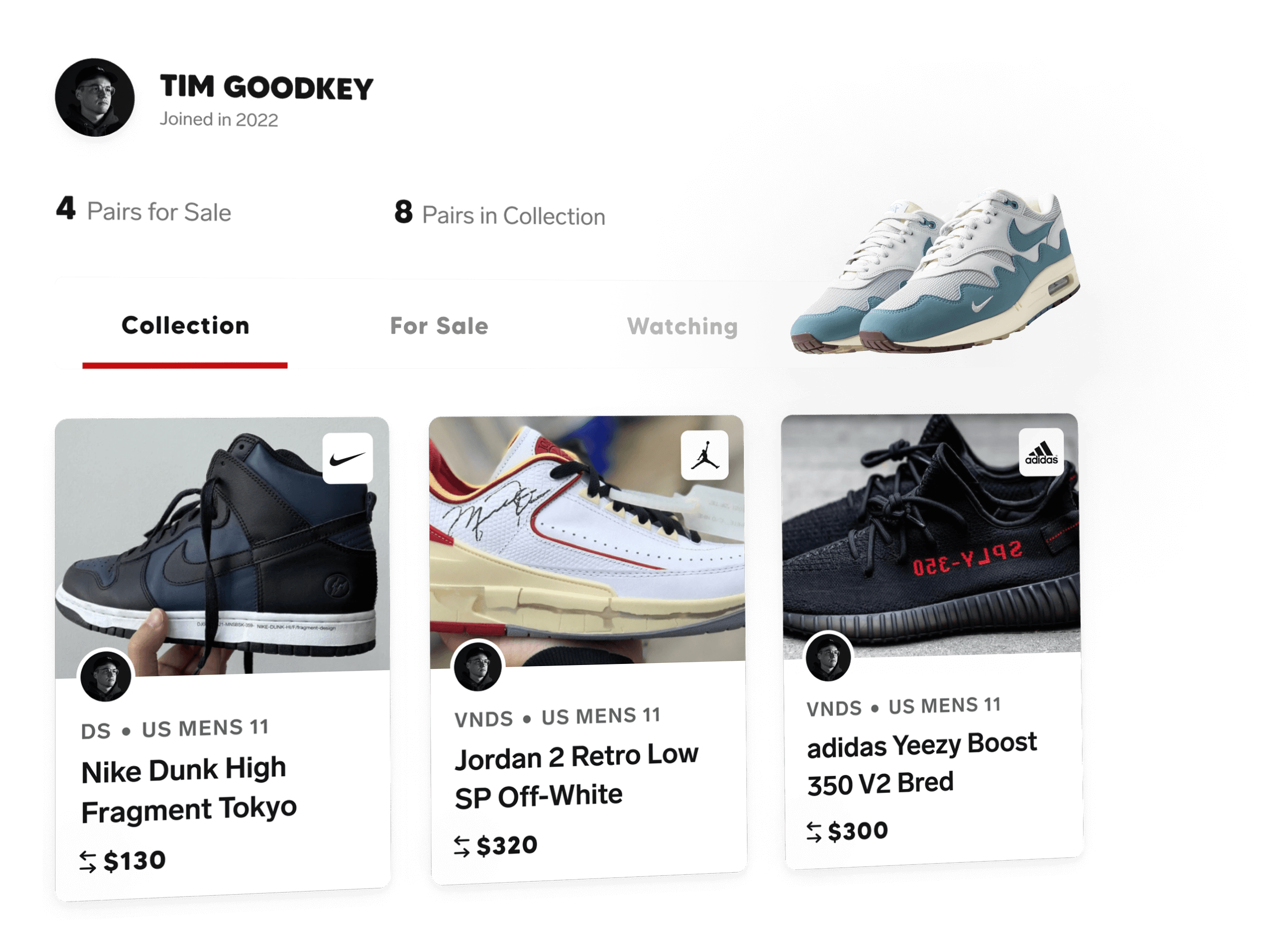app interface of a COLLECT marketplace profile displaying sneakers in a collection